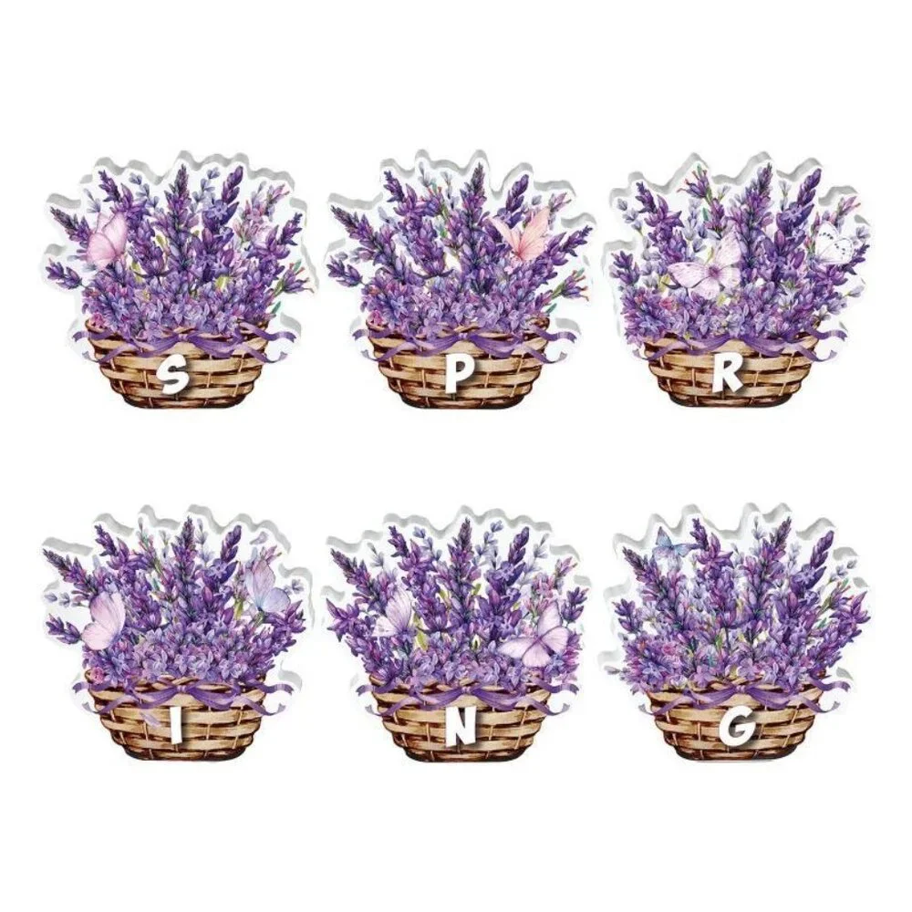 Lavender Spring Basket Die-Cut Wood Block Letter 6 Piece Set Double-Sided